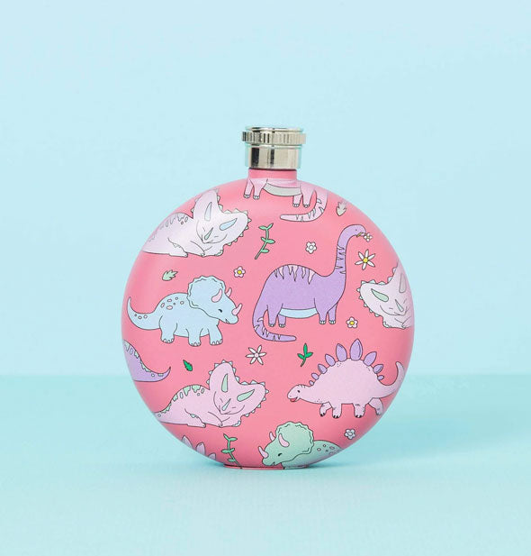 Round pink flask with all-over dinosaur illustrations in pastel colors