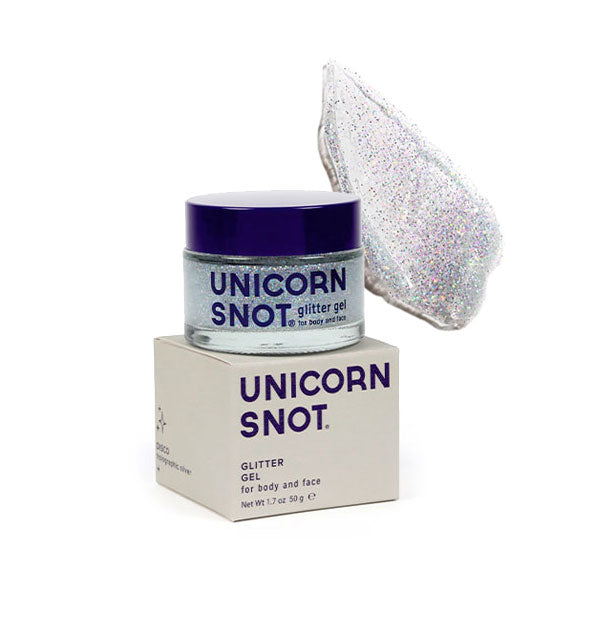 Pot of silver Unicorn Snot Glitter Gel with sample product application at top right in the shade Disco