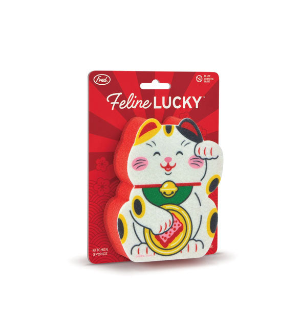Feline Lucky maneki-neko cat dish sponge affixed to a red Fred product card