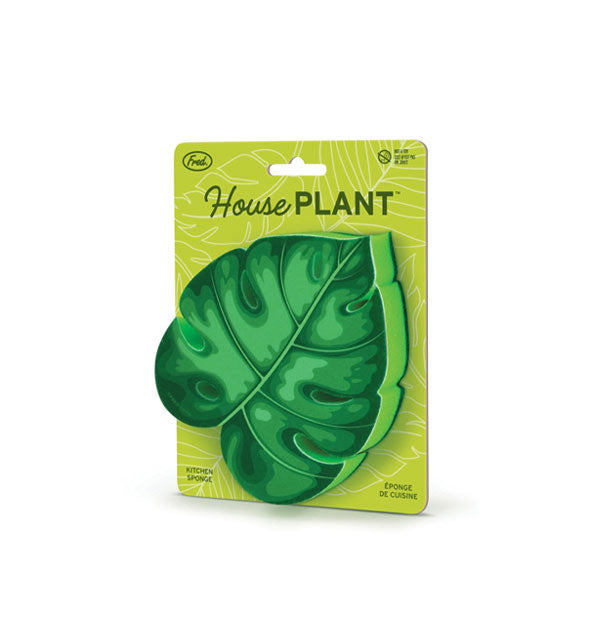 Green monstera leaf-shaped House Plant Kitchen Sponge affixed to a green Fred product card
