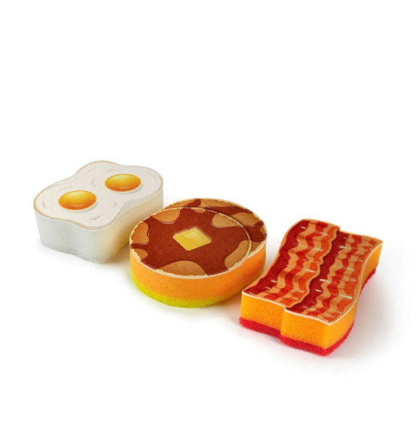Multilayered eggs, pancakes, and bacon strips dish sponges