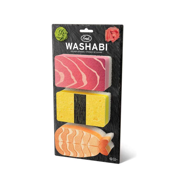 Set of three Washabi Kitchen sponges that resemble shrimp, tuna, and tomago affixed to a dark Fred product card