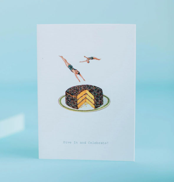 Dive in and Celebrate birthday greeting card with layer cake and divers illustration