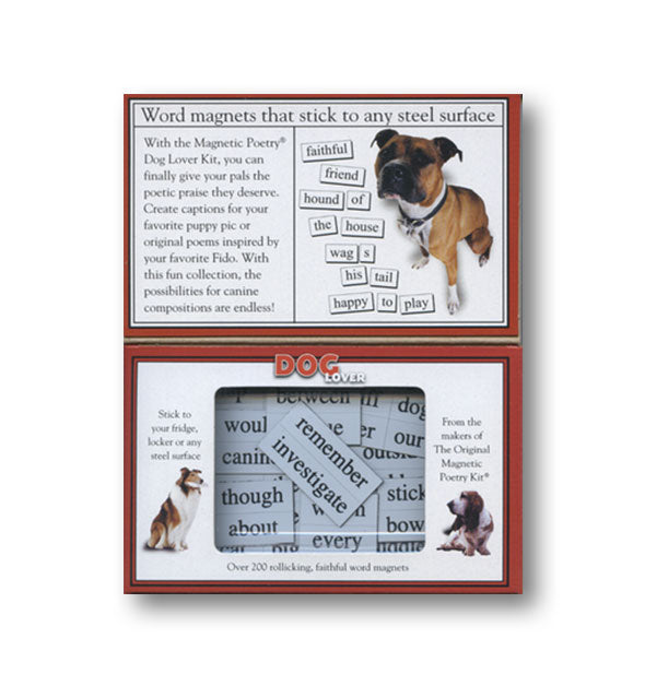 Dog Lover by Magnetic Poetry Kit box interior shows some sample word tiles