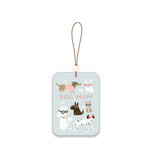 Rectangular pastel blue air freshener with bead accented elastic hanging loop features funny dog illustrations and the words, "Dog Mom"