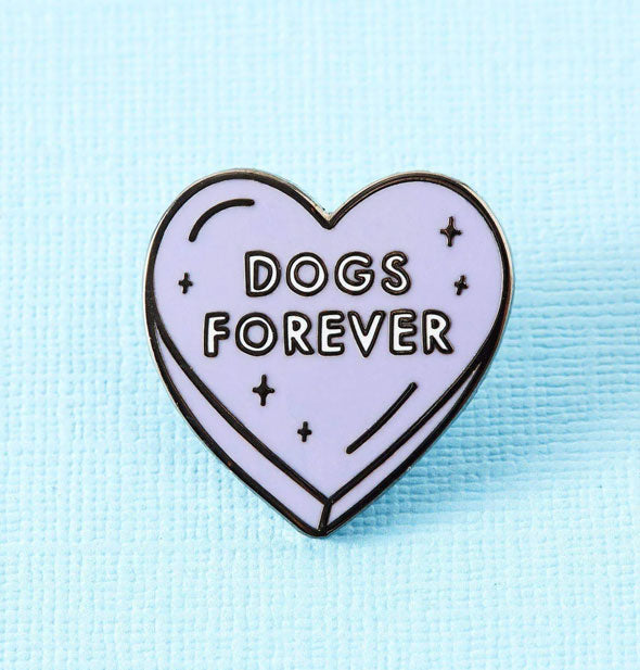 Purple enamel heart pin says, "Dogs Forever" in the center surrounded by star accents