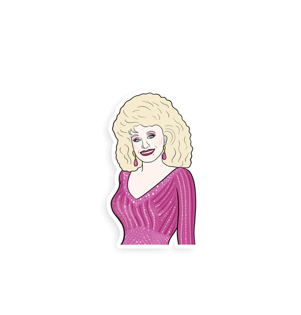 Sticker features illustration of smiling Dolly Parton with big hair, drop earrings, and a pink dress