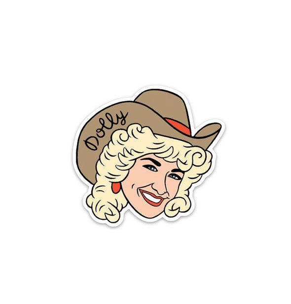 Sticker with illustration of smiling Dolly Parton in cowgirl "Dolly" hat