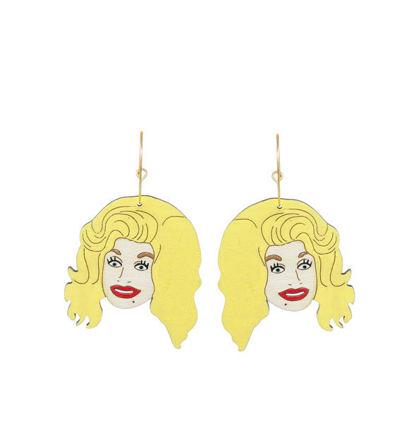 Painted wood Dolly Parton head earrings on gold hoops
