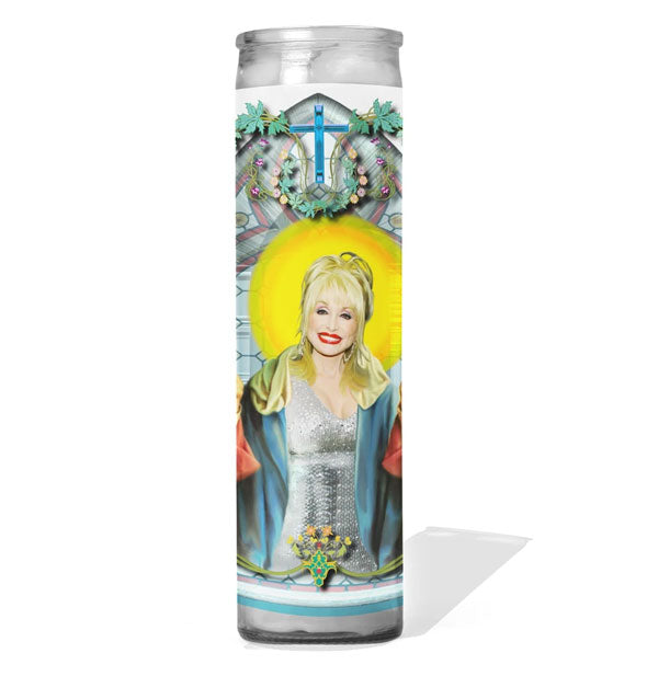 Glass prayer candle with image of country music star Dolly Parton as a saint