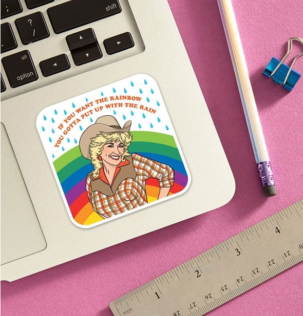 Dolly Parton rainbow sticker on laptop