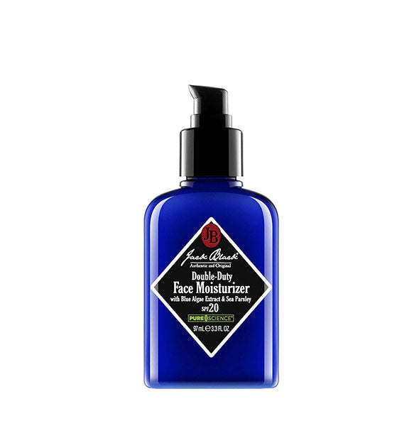  Blue bottle of Jack Black Double-Duty Face Moisturizer with black pump nozzle