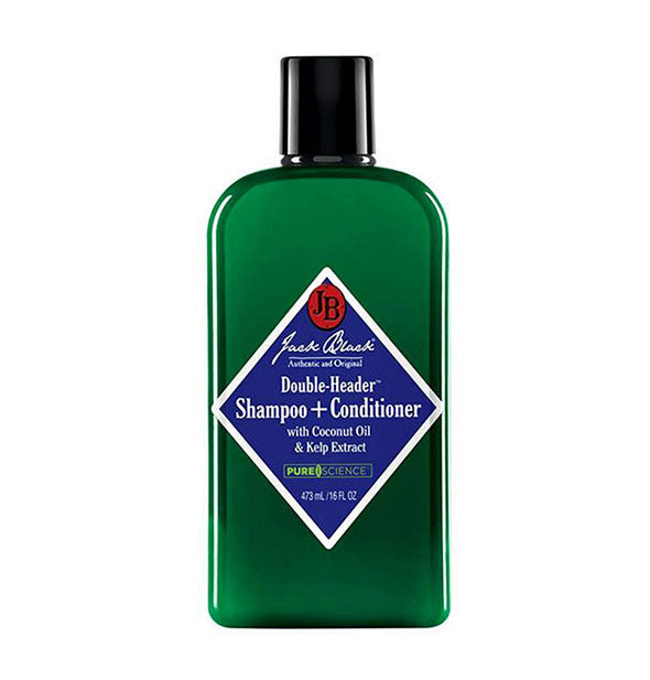 Green 16 ounce bottle of Jack Black Double-Header Shampoo+ Conditioner with diamond-shaped blue and white label with red accents