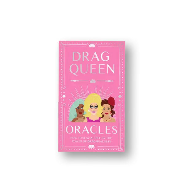 Pink pack of Drag Queen Oracles flashcards with holographic lettering and colorful illustrations