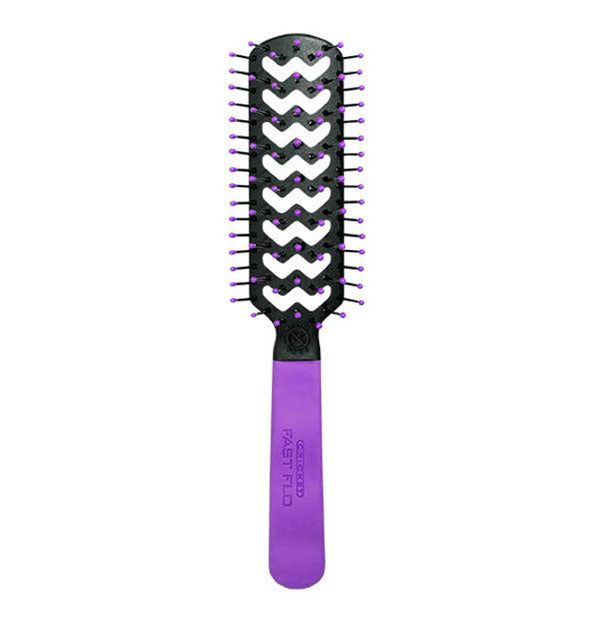 Hairbrush with purple handle and bristle ball tips and black head with zigzag vent design