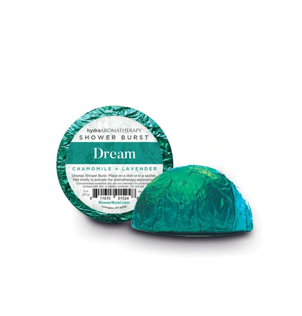 Green foil-wrapped Hydra Aromatherapy Dream Shower Burst shown from two angles