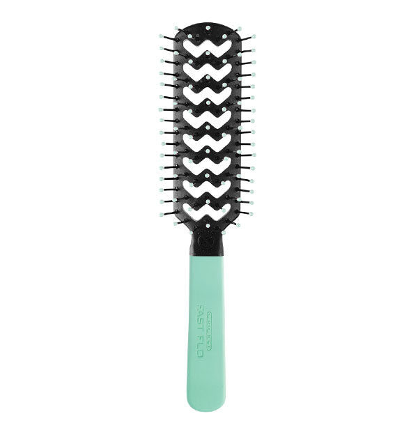 Vented hairbrush features zigzag vent pattern in paddle, teal handle, and light green bristle ball tips
