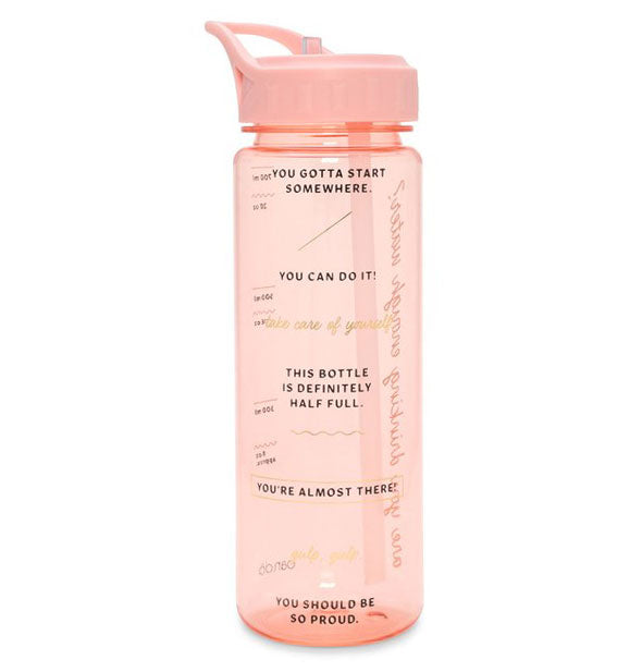 Transparent pink water bottle with matching lid is printed with markers for staying hydrated, like, "You can do it!" and, "You're almost there!"