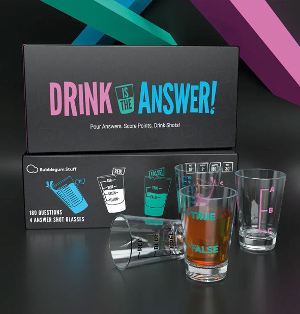 Drink Is the Answer! party game box with four shot glasses