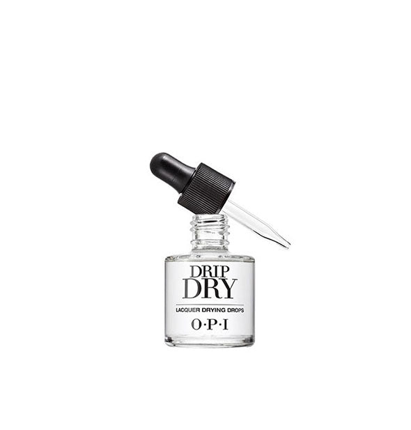Clear glass bottle of Drip Dry Lacquer Drying Drops by OPI with dropper applicator removed and rested on top