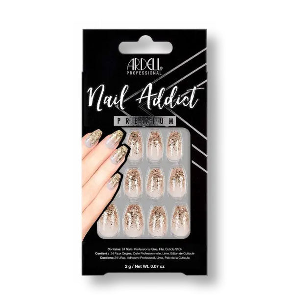 Pack of Ardell Nail Addict Premium press-on nails with a fade from gold glitter on the tip to pale pink at the base