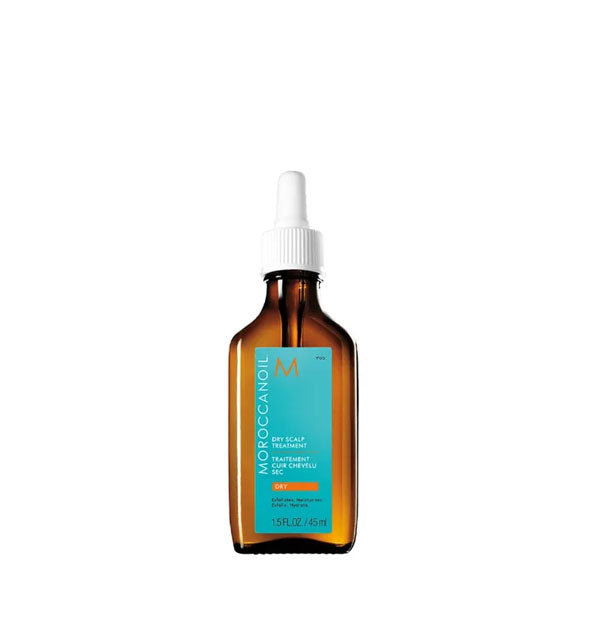 1.5 ounce brown glass dropper bottle of Moroccanoil Dry Scalp Treatment with teal label and white top