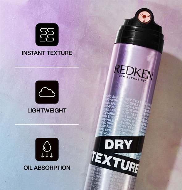 Can of Redken Dry Texture is labeled with its key benefits under infographics: Instant texture; Lightweight; Oil absorption