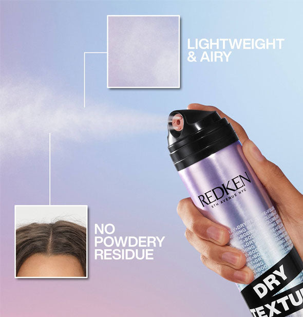 A model's hand dispenses a fine mist from a can of Redken Dry Texture Spray; inset pictures are labeled, "Lightweight & airy" and "No powdery residue"