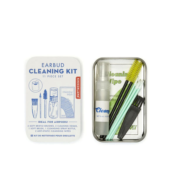 11-piece Earbud Cleaning Kit tin with lid removed to show contents