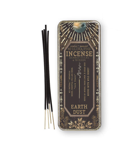 Rectangular tin of 40 Ultra Fine Incense Bamboo Sticks & Burner in Earth Dust scent with some sticks removed