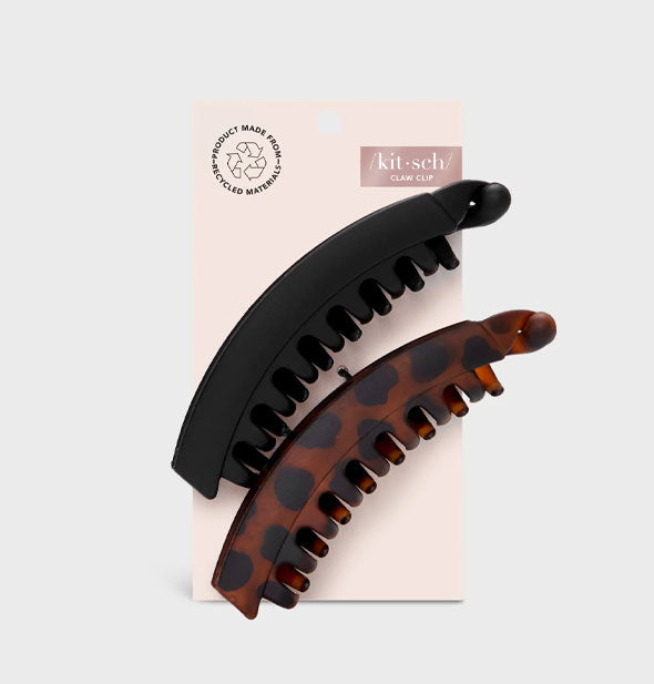 One black and one brown tortoise banana-style hair clips in matte finishes on light pink Kitsch product card