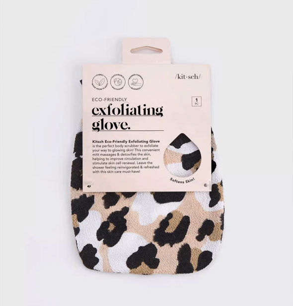 Leopard print Exfoliating Glove by Kitsch attached to pink blister card