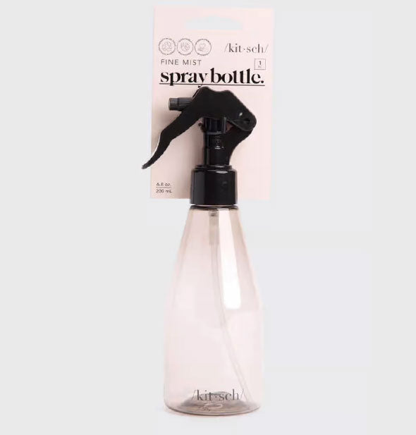 Clear spray bottle by Kitsch with black nozzle with pink blister card attached