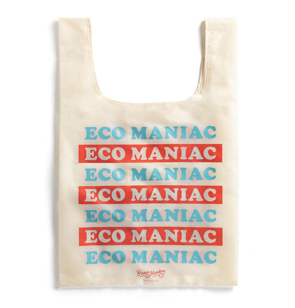 White nylon shopping bag with "Eco Maniac" print in alternating red and blue colors