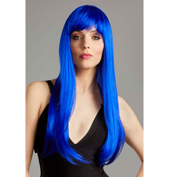 Model wearing a long, bright blue wig with bangs.