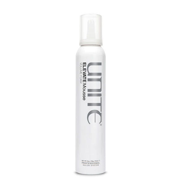 Slender white 6 ounce can of Unite ELEVATE Mousse