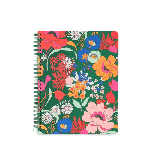 Green spiral-bound notebook cover with colorful all-over floral print