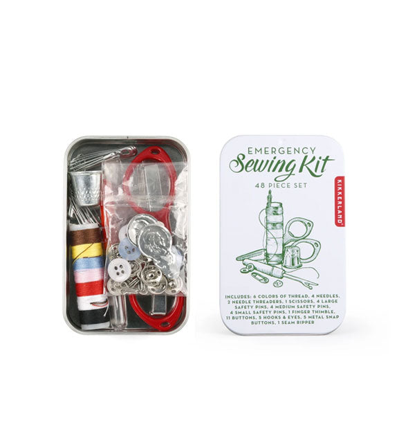 An opened 48-piece Emergency Sewing Kit tin shows contents