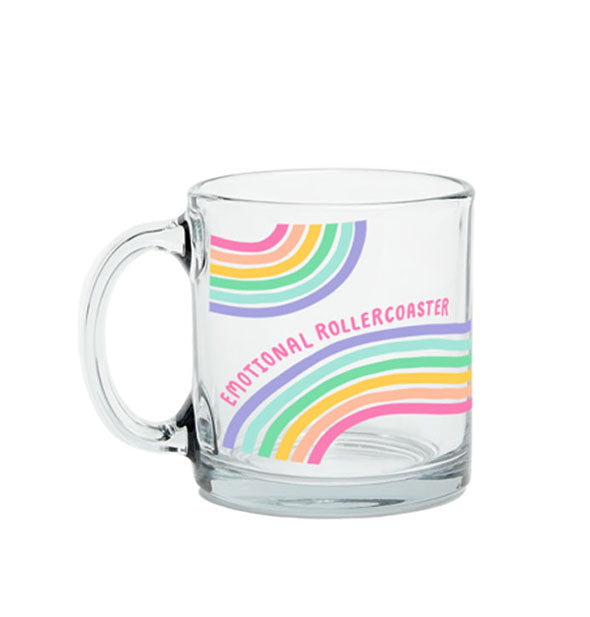 Clear class Emotional Rollercoaster coffee mug with colorful rainbow stripes
