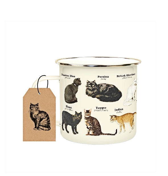 White enamel mug with all-over labeled cat breed illustrations and kraft paper tag attached to the handle