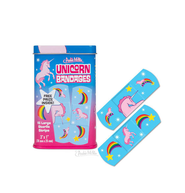 Tin of Archie McPhee Unicorn Bandages with two samples shown depicting pink unicorns, stars, and rainbows on blue backgrounds