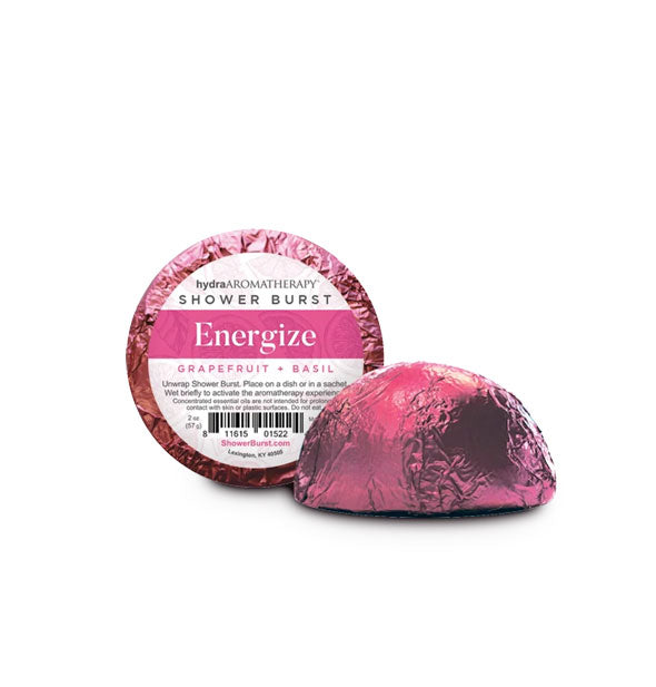 Pink foil-wrapped Hydra Aromatherapy Energize Shower Burst shown from two angles