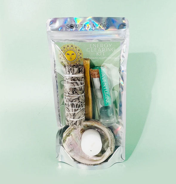 Holographic Energy Clearing Kit bag with clear window through which contents are visible
