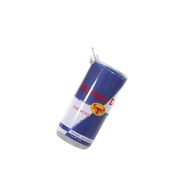 Glass ornament painted to resemble a can of Red Bull which says, "Energy Drink" on it