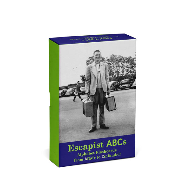Box of Escapist ABCs Alphabet Flashcards features a black and white photo of a smiling man in a parking lot holding a suitcase in each of his hands