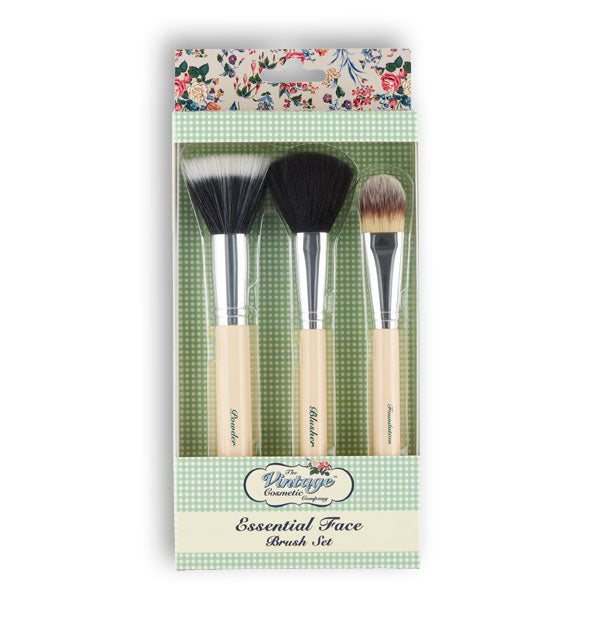 Set of three Essential Face makeup brushes by The Vintage Cosmetic Company in floral and green gingham packaging