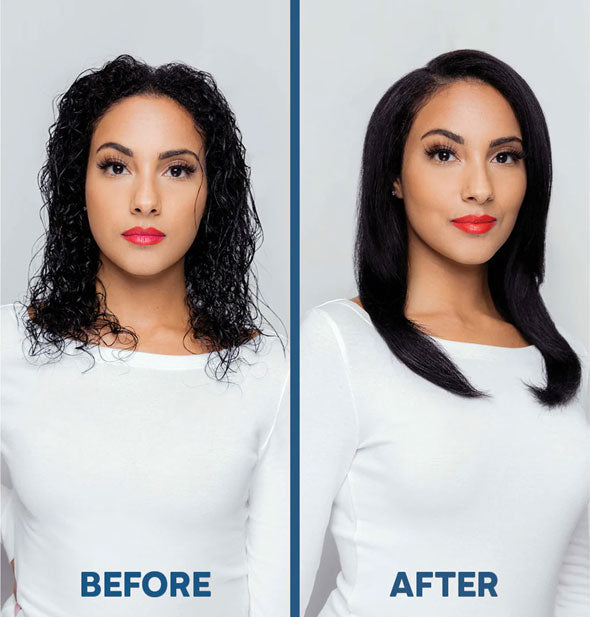 Side-by-side comparison of model's hair before and after styling with ColorProof Essential Leave-In