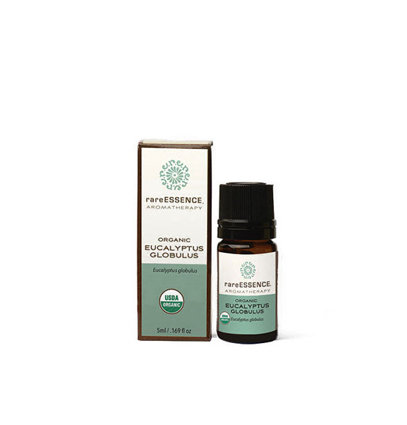 5 milliliter bottle of organic Eucalyptus Globulus essential oil by Rare Essence Aromatherapy with box