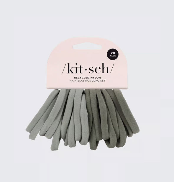 Pack of twenty light and dark green hair elastics on a Kitsch product card