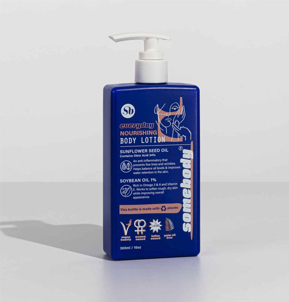 Dark blue 20 ounce bottle of Everyday Nourishing Body Lotion by Somebody with peach and white design elements